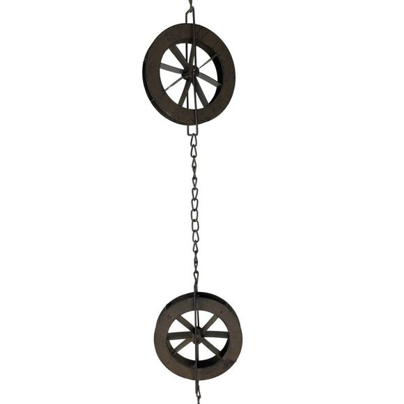 78-Inch Metal Rain Chain - 6 Water Wheels & Weighted Bell, Rustic Brown Finish - Picture 2 of 12
